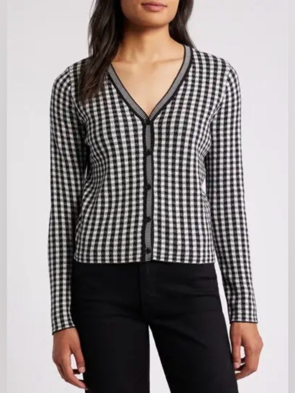 Cecelia Button Front Cardigan NWT Black White Gingham Lightweight Cotton L